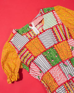 70s Patchwork Print Smocked Elastic Waist Ruffle Trim Calico Handmade Maxi Dress