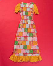 Load image into Gallery viewer, 70s Patchwork Print Smocked Elastic Waist Ruffle Trim Calico Handmade Maxi Dress