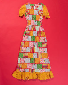70s Patchwork Print Smocked Elastic Waist Ruffle Trim Calico Handmade Maxi Dress