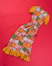 Load image into Gallery viewer, 70s Patchwork Print Smocked Elastic Waist Ruffle Trim Calico Handmade Maxi Dress