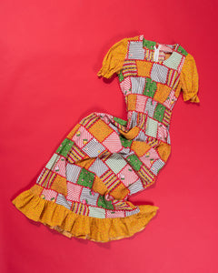 70s Patchwork Print Smocked Elastic Waist Ruffle Trim Calico Handmade Maxi Dress