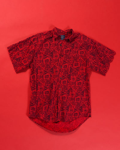 80s Gap Red and Black Cotton Short Sleeve Button Up with Batik style print