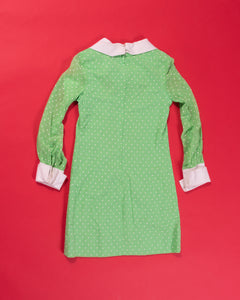 1960s Lime Green Swiss Dot A-line Mini  with White Cuffs and Collar
