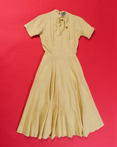 1950s Anne Forgarty Linen Yellow Day Dress With Tie