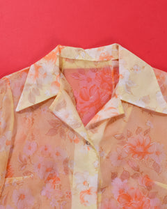 70s Sheer Yellow and Orange Floral Polyester  Spread Collar Blouse