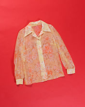 Load image into Gallery viewer, 70s Sheer Yellow and Orange Floral Polyester  Spread Collar Blouse