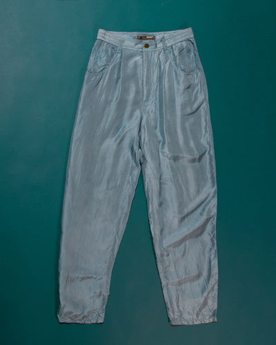 1980s High Waisted Blue Slate Silk 