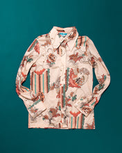 Load image into Gallery viewer, Ship and Shore 70s Figural Novelty Print Dagger Collar Poly Blouse