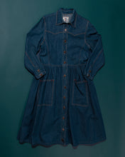 Load image into Gallery viewer, 80s Dark Denim Brass Button Dress with Topstitch and Western Yoke