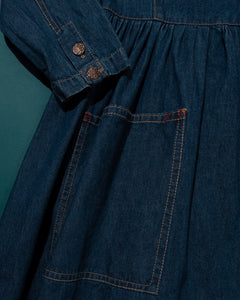 80s Dark Denim Brass Button Dress with Topstitch and Western Yoke