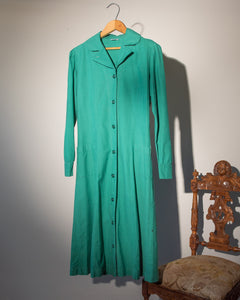 50s Green Cotton Button Up  Uniform Shirt Dress/Smock
