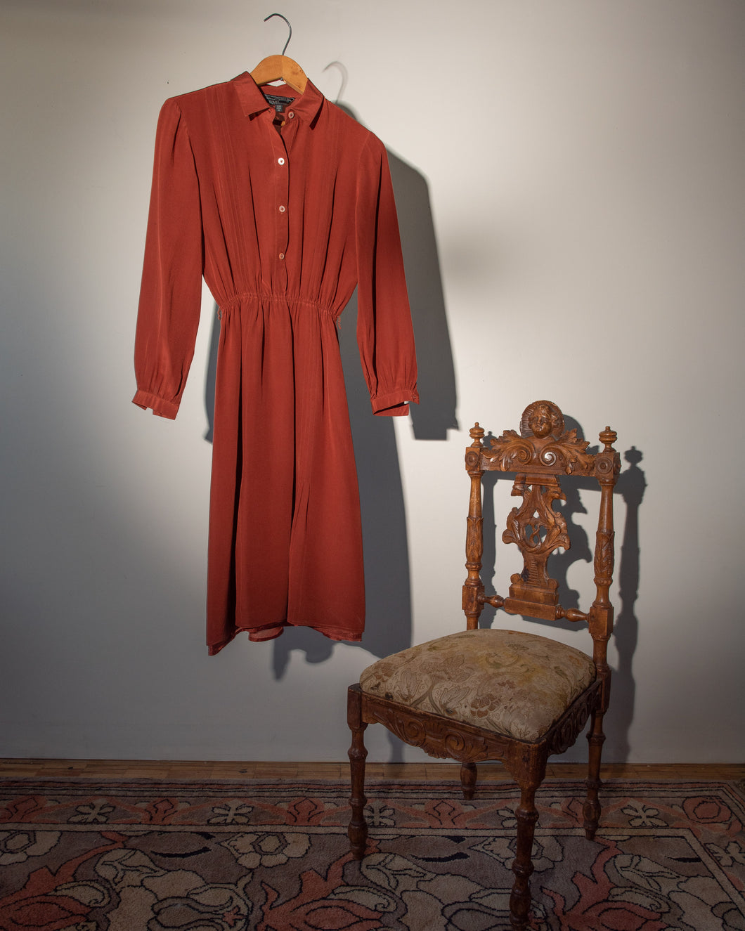 70s Burnt Orange Silk Shirtwaist Dress
