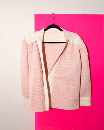 1960s Quilted  Pink and Cream Satin Cropped Bed Jacket