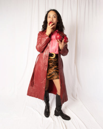70s Red Leather Belted Trench with Chevron Panelling