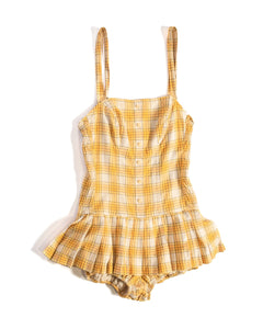 1950s Catalina Yellow Check Cotton Beach Swim Playsuit with Pleated Skirt