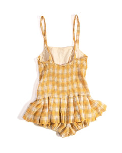 1950s Catalina Yellow Check Cotton Beach Swim Playsuit with Pleated Skirt