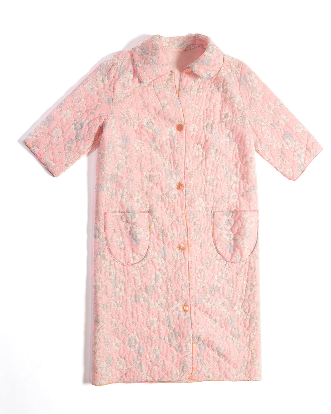 1960s Pink Floral Quilted Duster Robe with Pockets