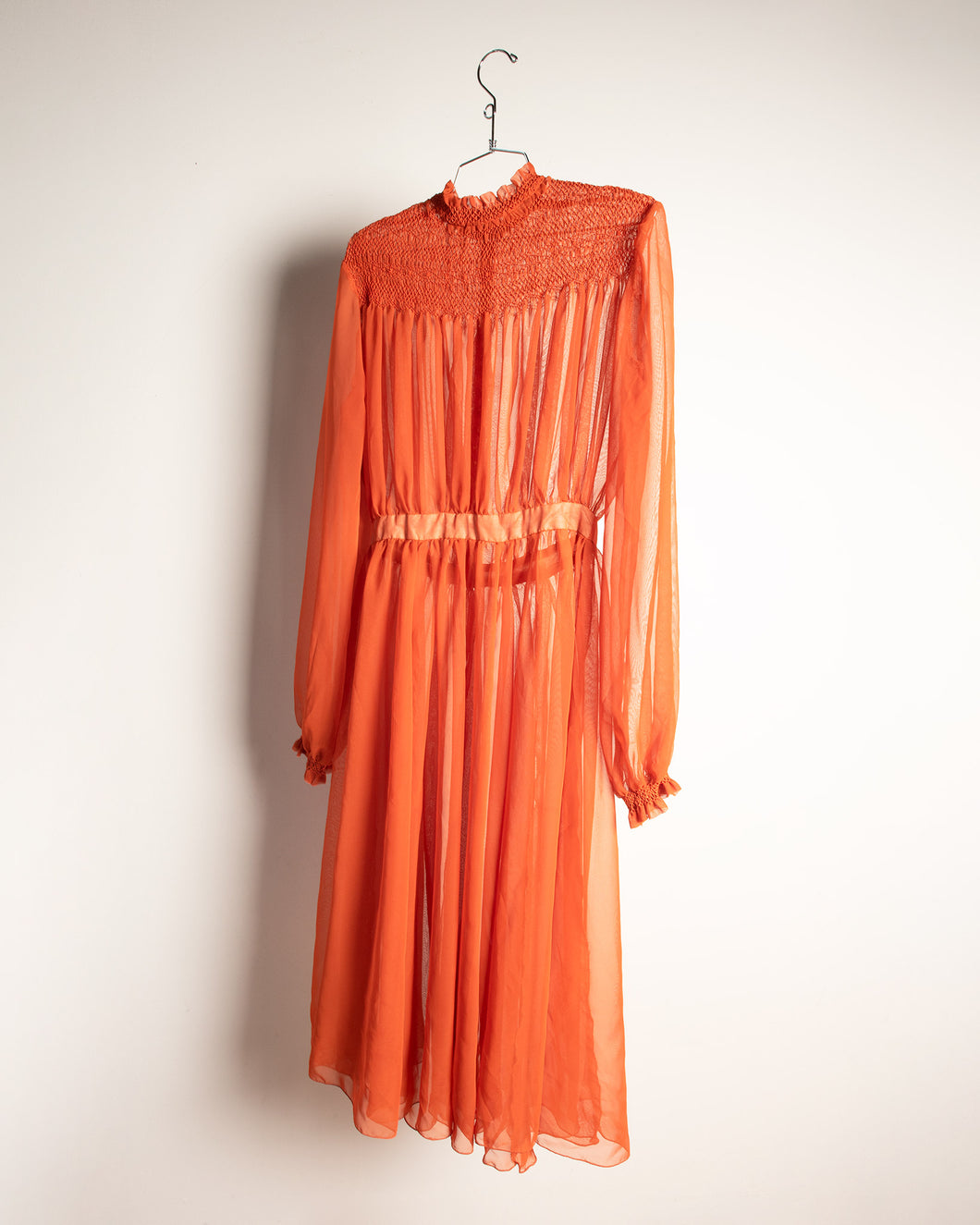 70s Orange Sheer Georgette Smocked dress