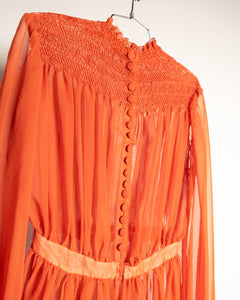 70s Orange Sheer Georgette Smocked dress