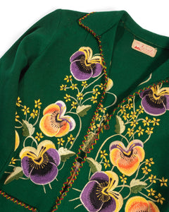 1940s Pansy Embroidered Green Wool Mexican Jacket