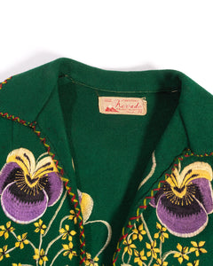1940s Pansy Embroidered Green Wool Mexican Jacket
