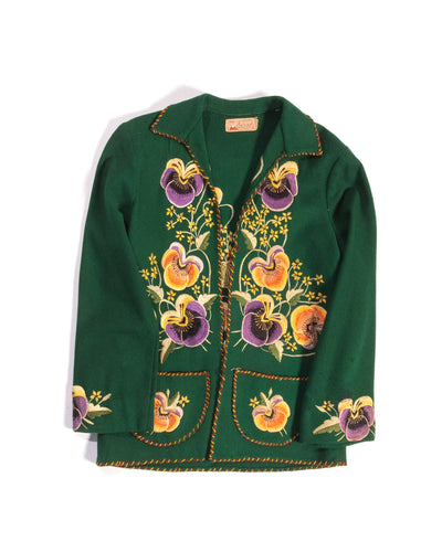1940s Pansy Embroidered Green Wool Mexican Jacket