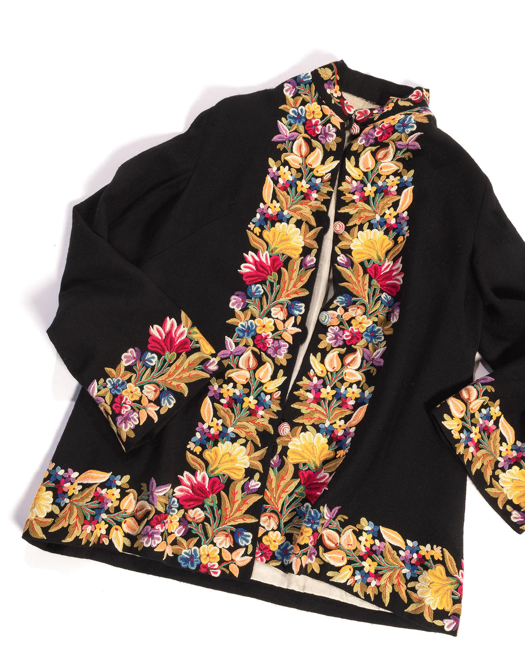 1930s Crewel Embroidery Wool Jacket with Silk Lining