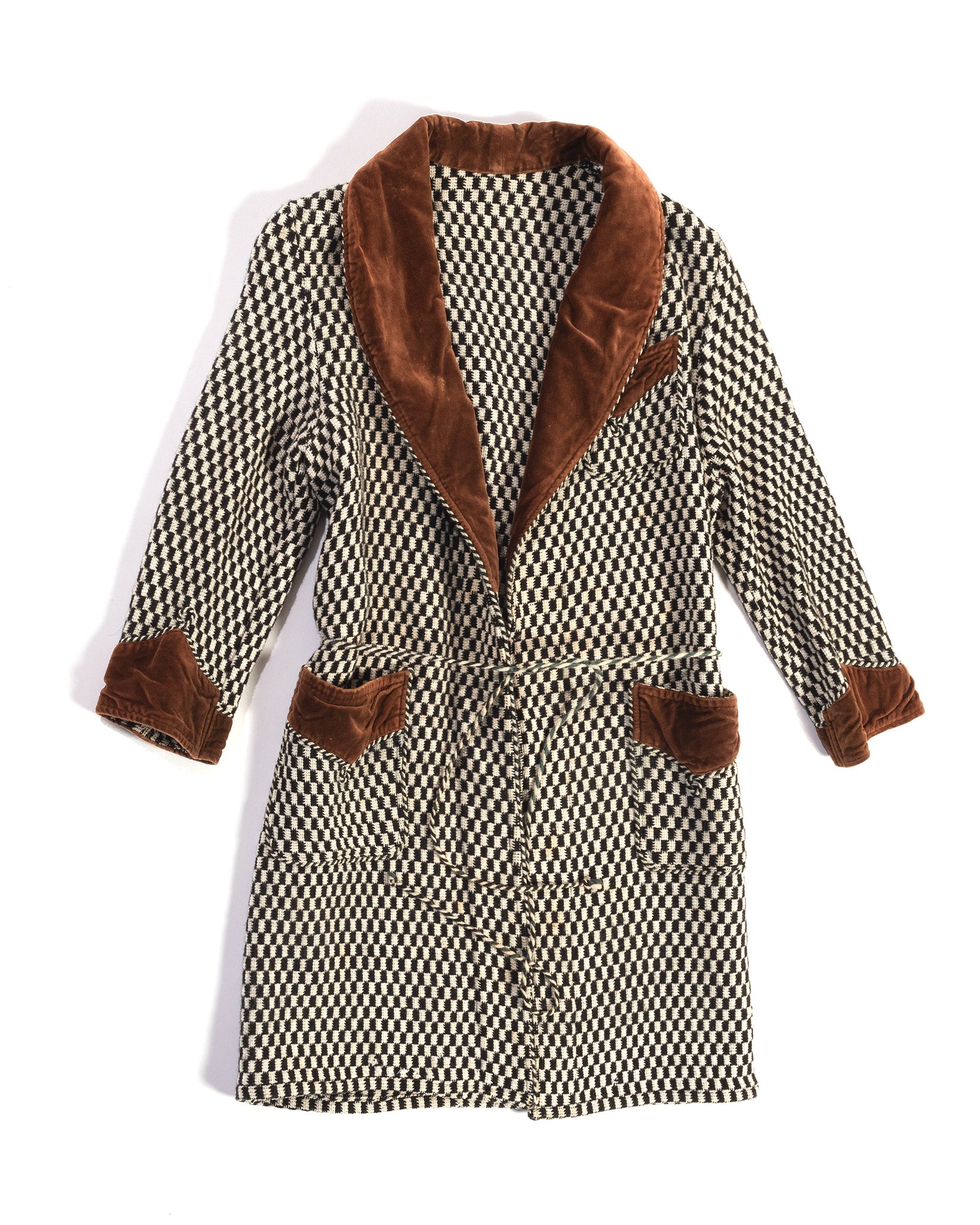 1940's Checker Tweed Smoking Jacket with Velvet Shawl Collar