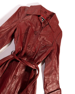 70s Red Leather Belted Trench with Chevron Panelling
