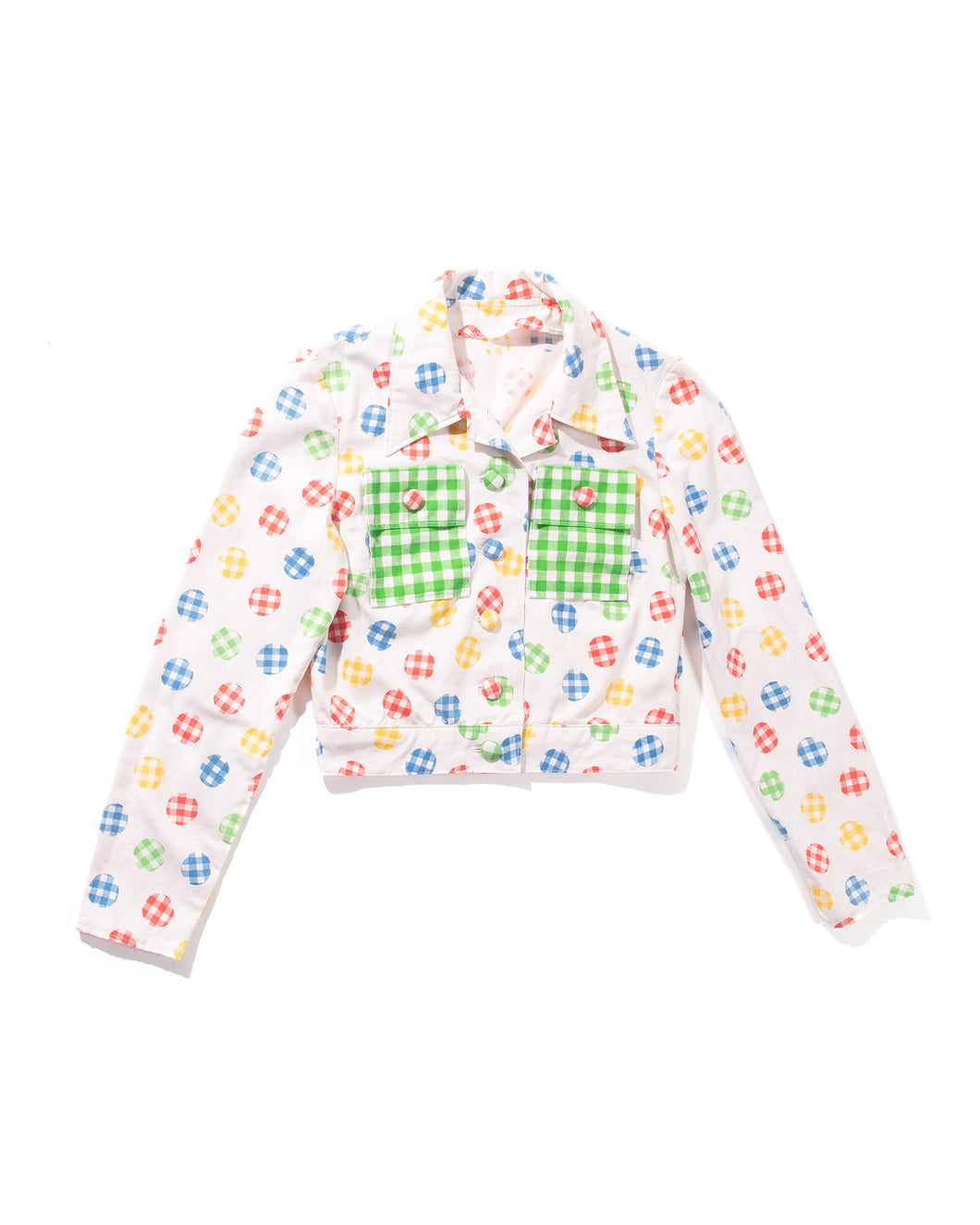 1970s Special Cropped Rainbow Gingham Print Dot Jacket