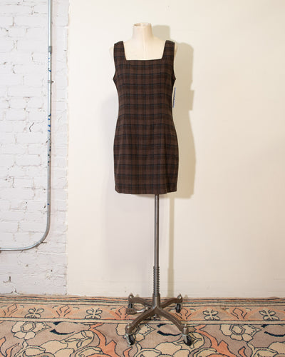 1990s Brown Plaid Wool Blend Mini sleeveless dress