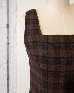 1990s Brown Plaid Wool Blend Mini sleeveless dress