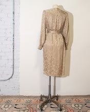 Load image into Gallery viewer, 80s jacquard silk dress with scalloped yoke and matching belt