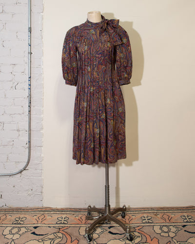 80s silk paisley pleated dress with puff sleeves and pussy bow