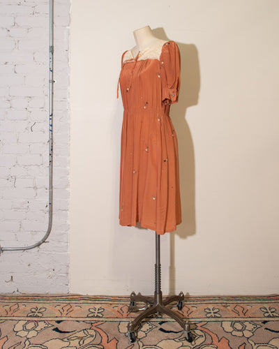 70s Sienna Silk Short Sleeve Dress with Lace Panels S-M