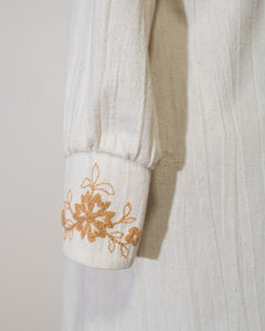 1970s Heavy Textured Cotton Neiman Marcus Long Sleeve Dress with Embroidered Cuffs