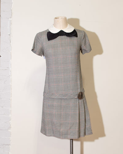 1960s Plaid Mini with Pleated Skirt and Peter Pan Collar, Bow and Belt