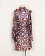 Load image into Gallery viewer, 1960s Stretchy Acetate Medallion Print Lavender and Brown Long Sleeve Mini Dress