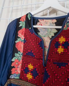 70s Patchwork and Embroidered Cotton Dress with Antique Textile