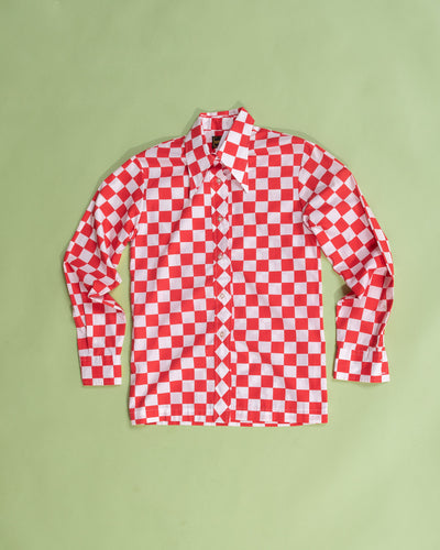 70s Red and White Check Cotton Shirt with Dagger Collar