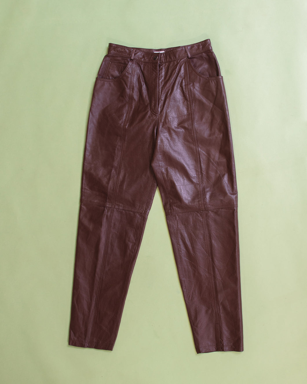 Chocolate Brown Panelled Brown Leather High Waisted Pants w 30