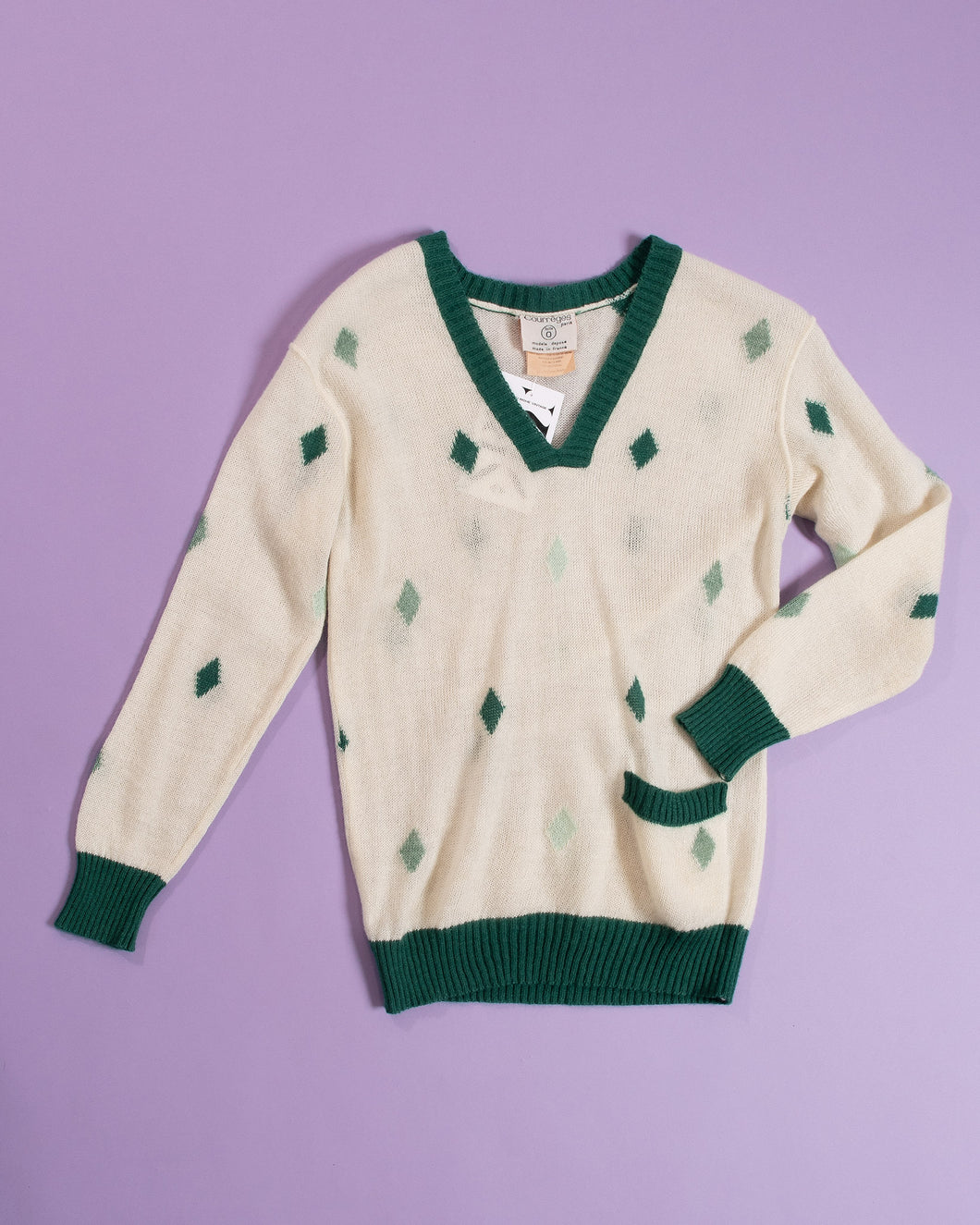 1970s Courreges Paris Loose Mohair V-Neck Green and White Diamond Intarsia Knit Sweater