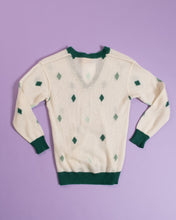 Load image into Gallery viewer, 1970s Courreges Paris Loose Mohair V-Neck Green and White Diamond Intarsia Knit Sweater