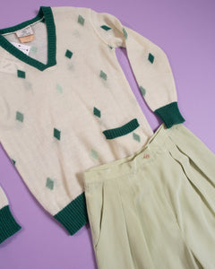 1970s Courreges Paris Loose Mohair V-Neck Green and White Diamond Intarsia Knit Sweater