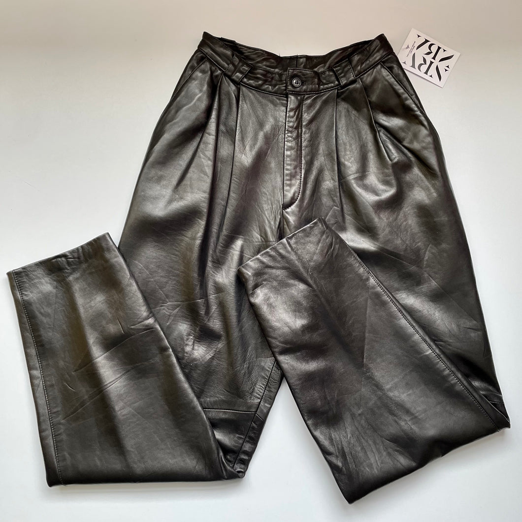 Black leather pleated trousers