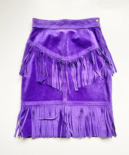 Purple Suede Tiered Fringe Skirt
