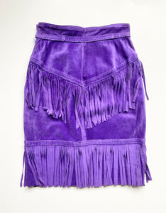 Purple Suede Tiered Fringe Skirt