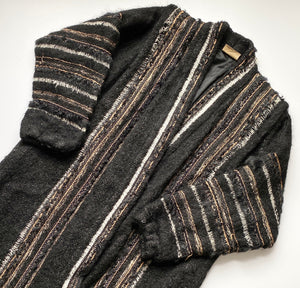 Incredible Art to Wear Handwoven Multi Textile Black Boucle Wool Robe Cardigan