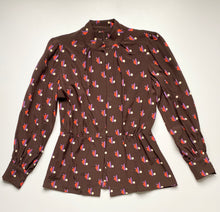 Load image into Gallery viewer, 1970s Brown Silk Printed Button up Blouse with Cinched Waist