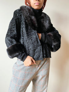 1950s Black Curly Lamb Cropped Jacket with Fur Trim